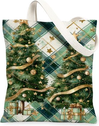 Generic Christmas Canvas Tote Bags, Elegant Holiday Tree Design Reusable Grocery Bags, Festive Lightweight Washable Shoulder Strap Canvas for Shopping Travel 