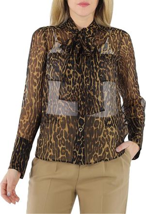 Burberry Amelie Leopard Print Silk Chiffon Ribbon Blouse, Brand Size 4 (US Size 2)