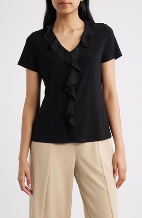 Anne Klein Cascade Ruffle Front Top in Anne Black at Nordstrom, Size X-Large
