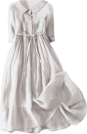 Generic Long White Dress Womens Long Casual Dress Plain Cotton with Vintage Lapel Button for Women Black Dress Tight, White, XXL