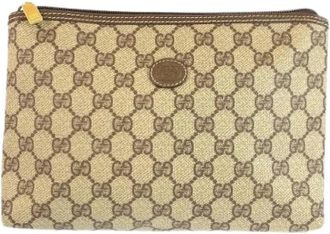 Gucci Pre-owned Clutches, female, Beige, Size: ONE SIZE Pre-owned GG Supreme Canvas Leather Clutch Bag