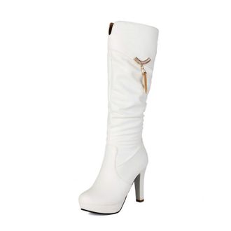 Generic Womens High Heeled Platform Boots with Tassel PU Leather Slouch Long Boots with Side Zipper Round Toe Knight Boot,White,5.5 UK