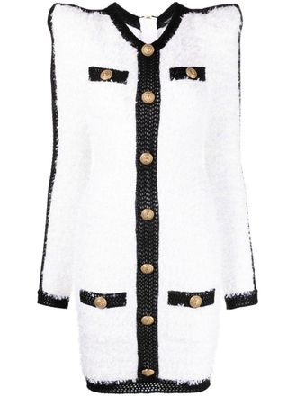 Balmain contrasting-trim boucl&eacute; minidress - women - Viscose/Polyester/Polyamide/Cotton - 38 - White