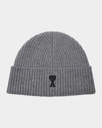 Ami Men & apos;s Wool Rib-Knit Ami De Coeur-Embroidered Beanie Hat