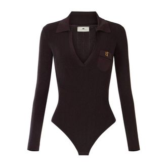 Elisabetta Franchi Tops, Dames, Bruin, M, Bodysuit met geribbelde stof en logo-plaatje