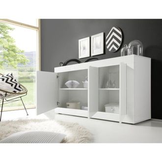 Dmora Credenza Introbio, Aparador 2 Estantes, 4 Compartimentos, 3 Puertas, 160x42x85.8h Cm Blanco Brillante