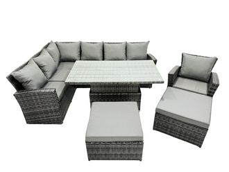 Fimous Poly Rattan Outdoor Patio Corner Sofa Set with 2 Big Stool, Chair in Dark Grey