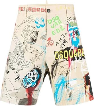 Dsquared2 Meerkleurige Graffiti Print Knie-lengte Beige Chino Shorts - Heren - Korte Broeken - Veelkleurig - 2XS - Katoen - Korte Broeken