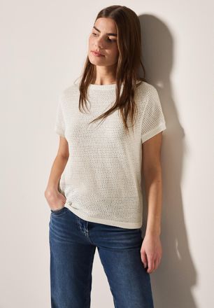 Cecil T-Shirt CECIL, Damen, Gr. XXL (46), weiss (vanillewei&szlig;), Strick, Obermaterial: 50% Baumwolle, 50% Polyester, unifarben, normal h&uuml;ftbedeckend, U-Boot-A