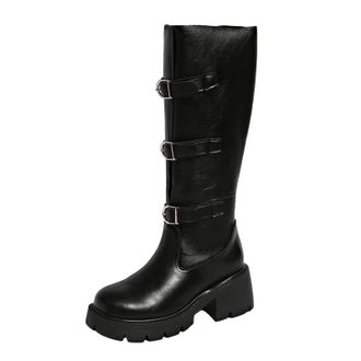 Generic Black Female Multi Buckle Thick Heel Long Boots for Fall and Winter Leisure Walking Footwear with Thick Sole and Sturdy Build