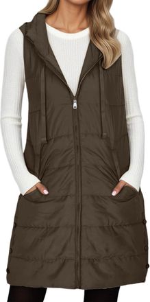 Generic Ladies Padded Gilet Longline Hooded Jacket Quilted Winter Wear Long Hooded Side Split Puffer Long Body-Warmer Coat Size S-2XL