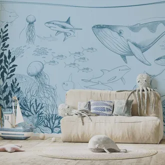 Acte Déco Papel pintado panorámico océano y animales marinos azul 150x250cm