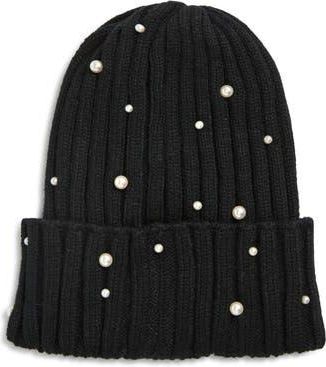 Tasha Faux Pearl Stud Beanie in Black at Nordstrom Rack