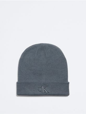 Calvin Klein Mens Monogram Logo Beanie - Blue