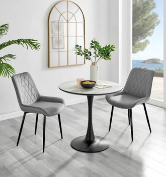 Furniturebox Elina White Marble Effect Scratch Resistant Dining Table & 2 Pesaro Black Leg Velvet Chairs in Grey