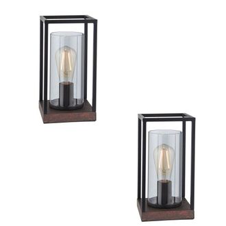 Loops 2 PACK Matt Black Framed Table Lamp Light & Glass Shade - Bronze Patina Base
