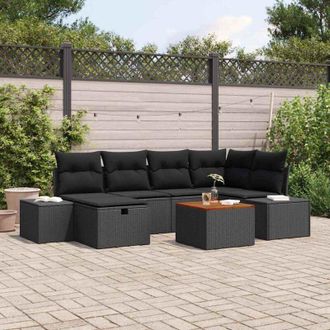 vidaXL Conjunto De Sof&aacute; De Jard&iacute;n Con Coj&iacute;n 7 Pcs Negro Polirat&aacute;n