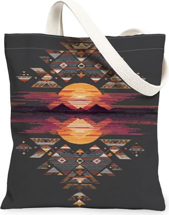 Generic Sunset Geometric Canvas Tote Bags, Vintage Bohemian Pattern Reusable Grocery Bags, Lightweight Washable Shoulder Strap Canv, Black, 13x15 Inch
