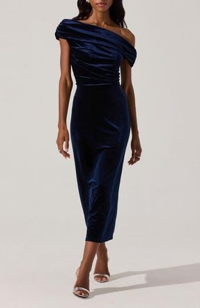 ASTR the Label One-Shoulder Velvet Midi Dress in Midnight at Nordstrom, Size X-Small