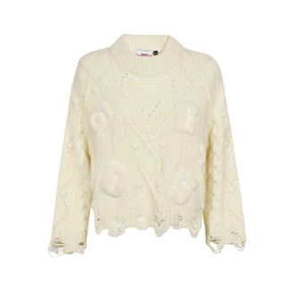 GCDS Geborduurd Logo Crew-Neck Sweater - Dames - Ronde hals truien - Wit - M - Wol - Truien & Vesten