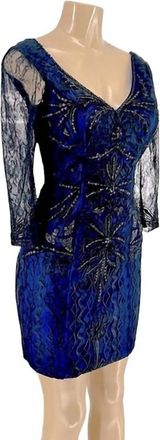 Sue Wong V-Neck Lace Dress In Navy