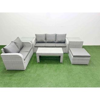 Fimous 6 Seater pe Rattan Wicker Garden Furniture Patio Conservatory Sofa Set with Oblong Coffee Table 3 Seater Sofa Love Sofa Big Footstool 2 Side Table