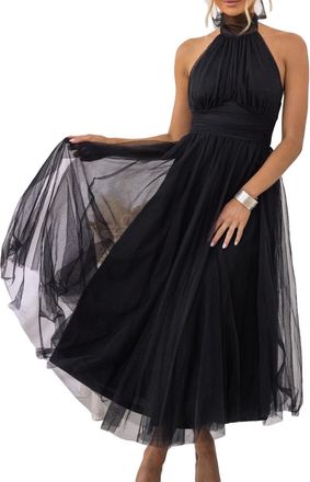 Generic Women Sexy Backless Tulle Party Long Maxi Dress Tie Halter Neck Lace Up Bridesmaid Formal Prom Gown Dress ( 1-Black, XL)