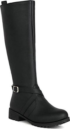 Generic Womens Knee High Boots Wide Calf Flat Low Chunky Heel Side Zipper Motorcycle Buckle Winter Riding Shoes (Black,5.5)