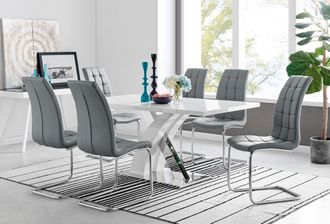 Furniturebox Atlanta Modern Rectangle Chrome Metal High Gloss White Dining Table & 6 Murano Chairs Set in Grey