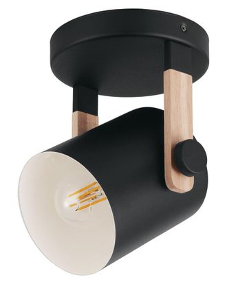Eglo Eglo Hornwood 1 Light Ceiling Light With Black & Wood Finish & Black With White Interior Metal Shade