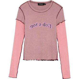 Desigual Not a Doll Graphic Long Sleeve Stretch Cotton Top in Pink at Nordstrom, Size X-Large