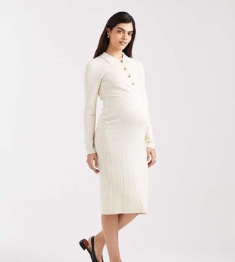 Mama Licious Mamalicious Maternity - Vestito midi color crema a coste per lallattamento a 2 funzioni con bottoni frontali-Bianco