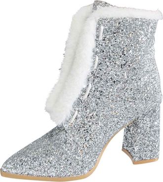 Generic Silver Ladies Everyday Boots with Thick Heel for Autumn and Winter Season Comfortable and Stylish with Pu Construction