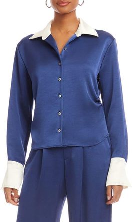 Fifteen Twenty Tawnie Contrast Trim Satin Button-Up Shirt in Deep Blue at Nordstrom, Size X-Small