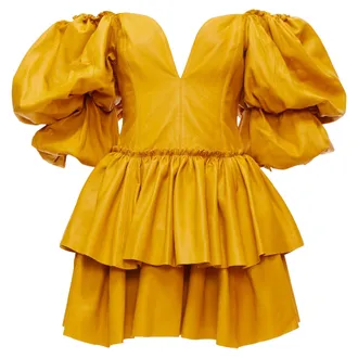 Aje AJE 2019 Castellain mustard yellow leather puff sleeve tiered mini dress UK6 XS