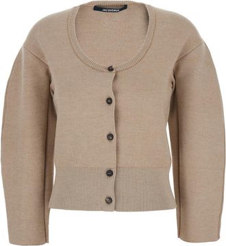 Jacquemus le Gilet Doppio Beige Cardigan With Round Neck And Ribbed Trims In Wool Blend Stretch Woman