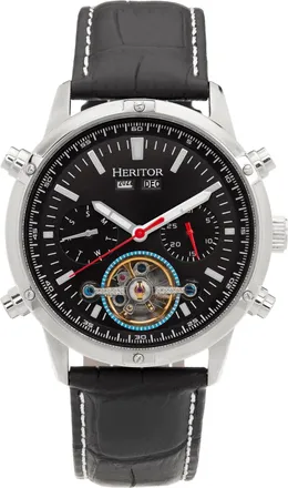 Heritor Wilhelm Semi-Skeleton Leather-Band Watch w/Day/Date - Black