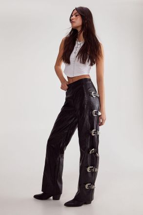 NASTY GAL Womens Distressed Faux Leather Buckle Detail Trouser - Black - Size 12 UK