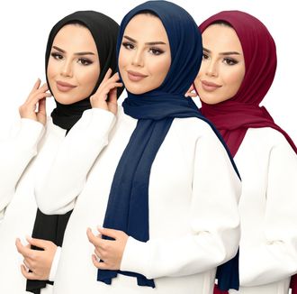 Janisramone Ladies head Scarf, Pack of 3 Plain Jersey Hijab, Muslim Soft Stretchy Scarf for Women UK, Modern Ladies Scarves, Prayer Wrap Hijabs, Stylish Gift Scar
