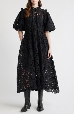 AllSaints Odette Eyelet Embroidered Dress in Black at Nordstrom, Size 12 Us