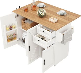 STILVORA Carro De Cocina Con 2 Cajones, Estantes A Ambos Lados, Encimera Plegable Y 5 Ruedas, En Mdf, Blanco