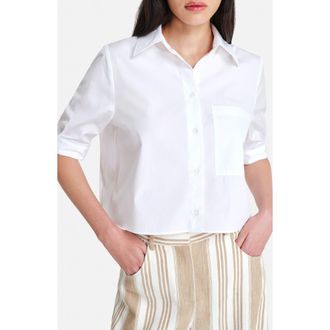 TWP Short Lived Elbow Sleeve Cotton Button-Up Shirt in White at Nordstrom, Size Large