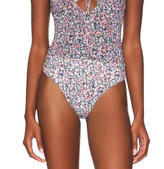 AFRM Rianne Cutout Stretch-Mesh Halterneck Bodysuit In Summer Multi Ditsy