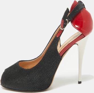Giuseppe Zanotti Black Canvas And Patent Leather Peep Toe Pumps
