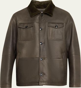 Kiton Mens Leather Shearling-Collar Shirt Jacket