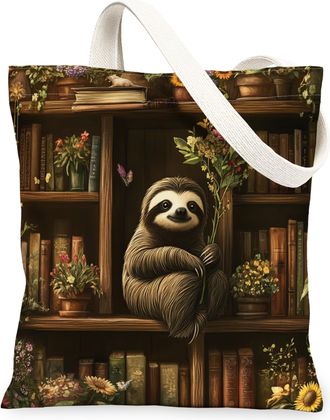 Generic Spring Sloth Canvas Tote Bag for Shopping 13x15, Flower Bookshelf Animal Reusable Grocery Print Bag for Women, Fun Scenic Beach Aesthetic Painting Gif