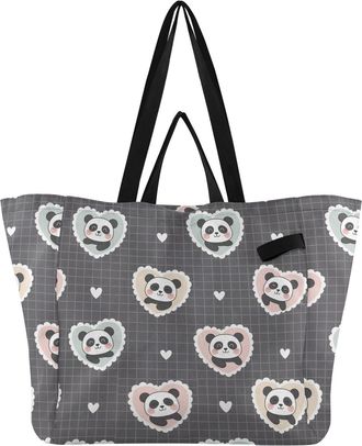 Generic Panda Gray Hearts Plaid print Reusable Canvas Tote Bag, Heavy Duty Grocery Shopping Bag with Double Handles Large Capacity Hard Bottom Work Groceries 