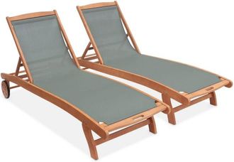 Sweeek Pair of wooden and textilene sun loungers, Marbella, Khaki Green, 196x68x91 cm