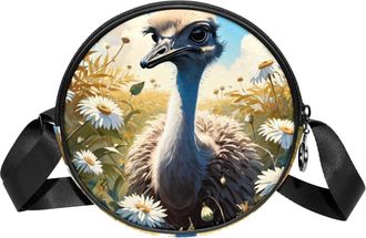 Generic Circle Crossbody Bag for Women, Ostrich Flower Small Sling Bag Daypack with Zipper Adjustable Shoulder Straps Casual Ladies Girls Round Purse