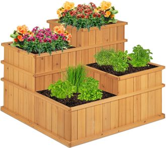 Relaxdays Huerto Urbano 4 Niveles, Madera, Jardinera Balc&oacute;n, Jard&iacute;n, Macetero Terraza, 61 X 81 X 81 Cm, Marr&oacute;n Natural - Relaxdays